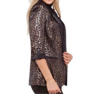 Nygard Satin Gold Leopard Print Open Front Tuxedo Blazer Jacket Office Size M